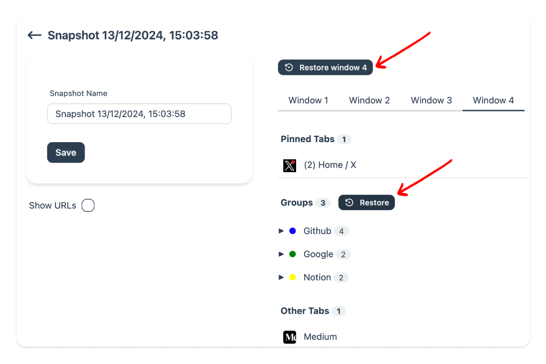 Example of restoring tabs and groups in Tab Organizer