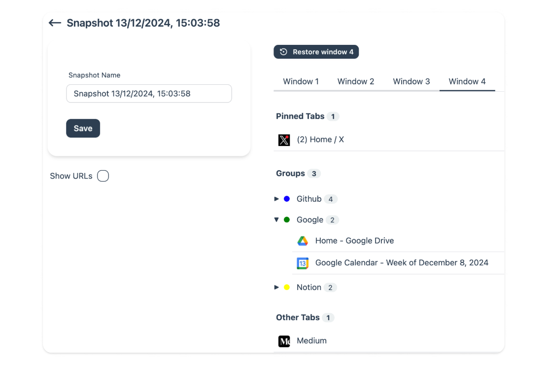 Example of saved tabs and groups in Tab Organizer